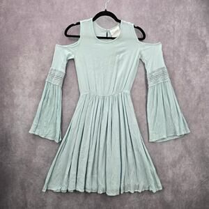 Koovs Blue Green Cold Shoulder Lace Flare Long Sleeve Boho Dress Extra Small XS